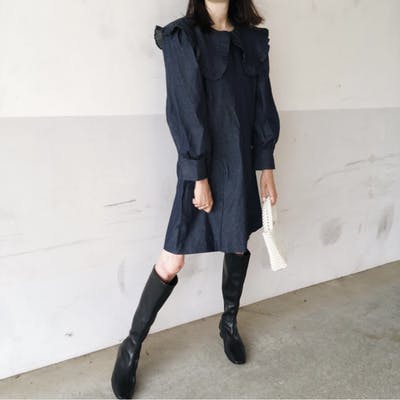 fril big collar denim one-piece